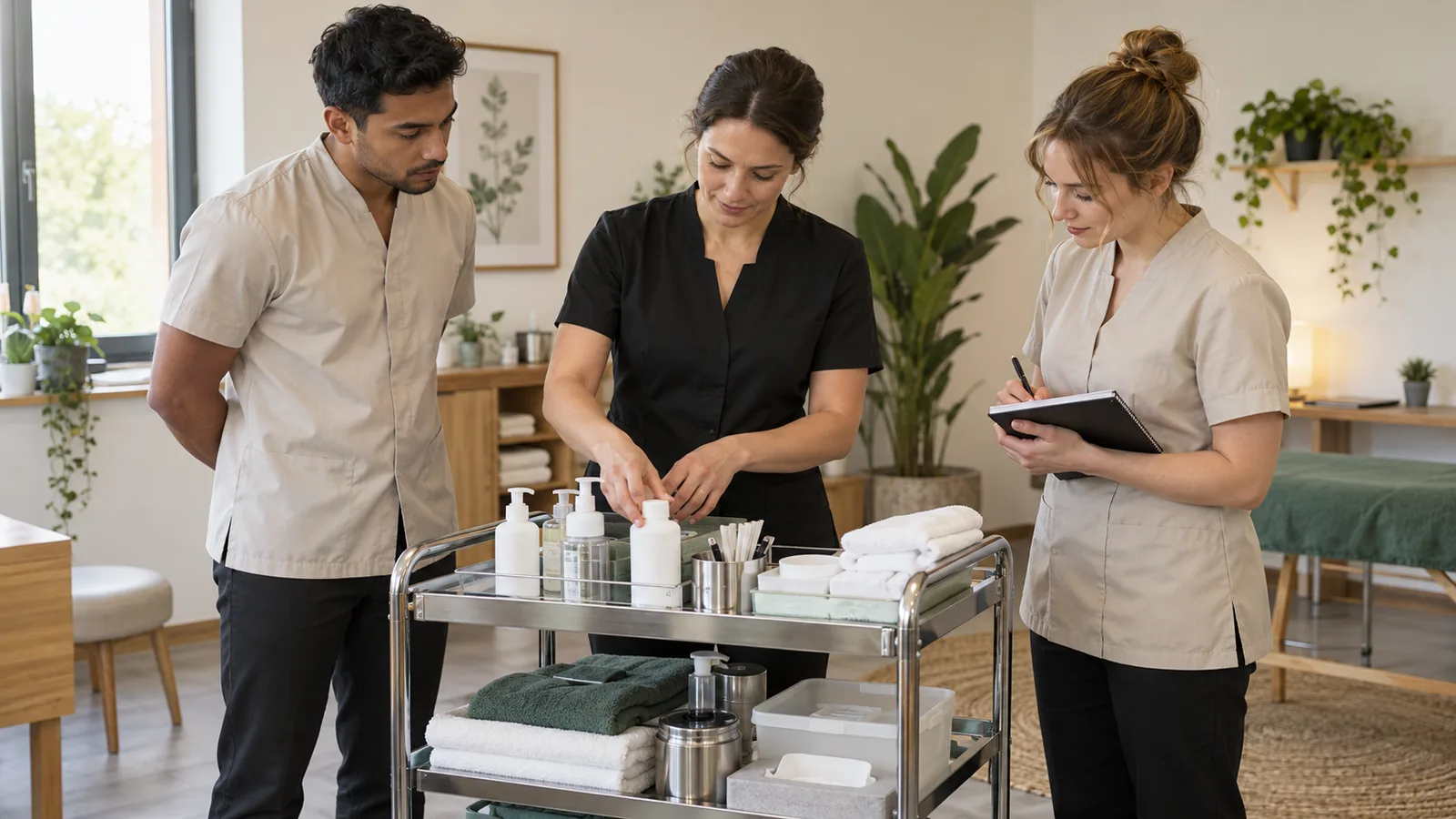 A trainer demonstrating trolley preparation to two new staff members.