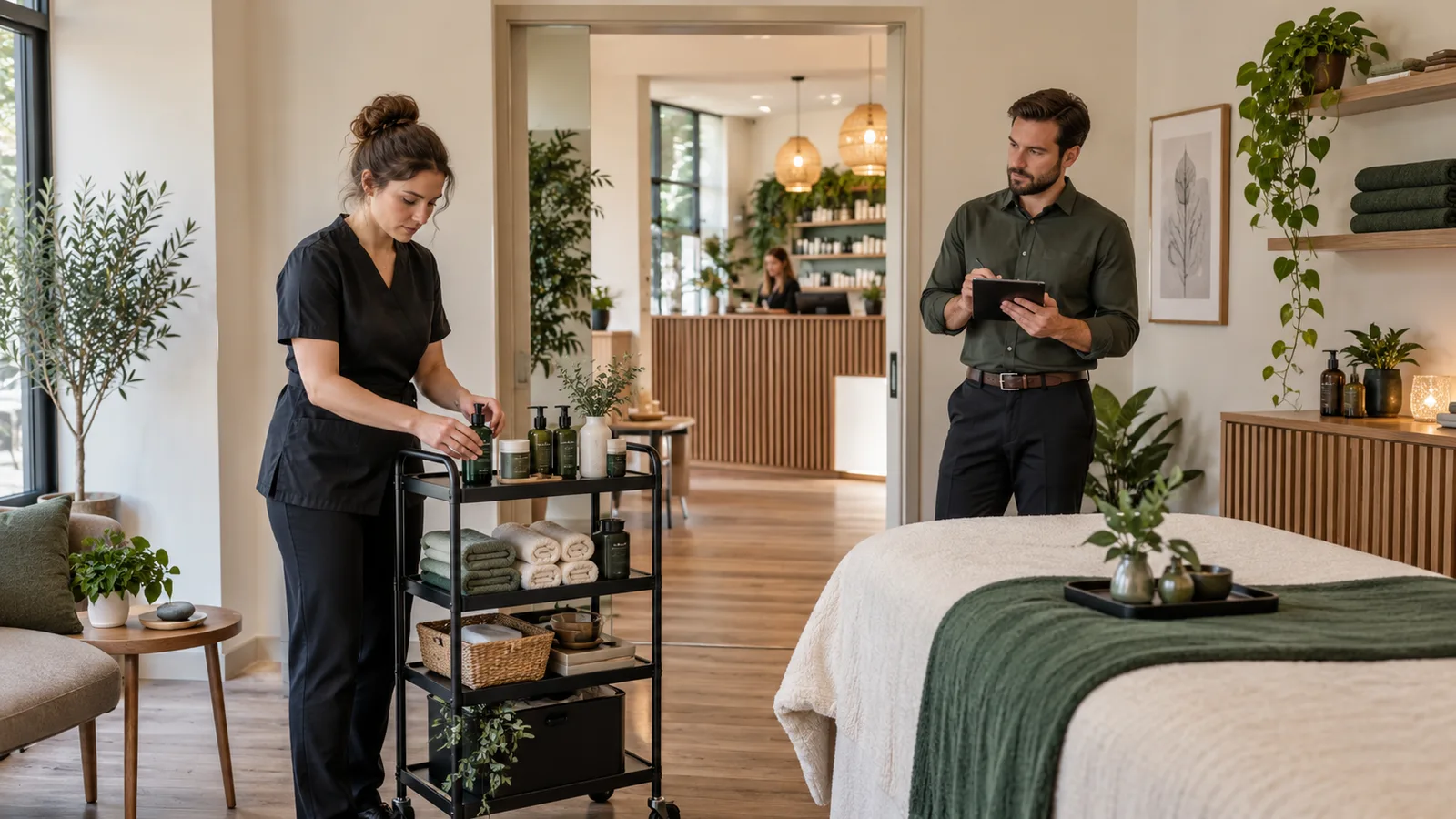 How to Pilot a Wellness Service in Your Business A manager recording observations beside a small trial service station.