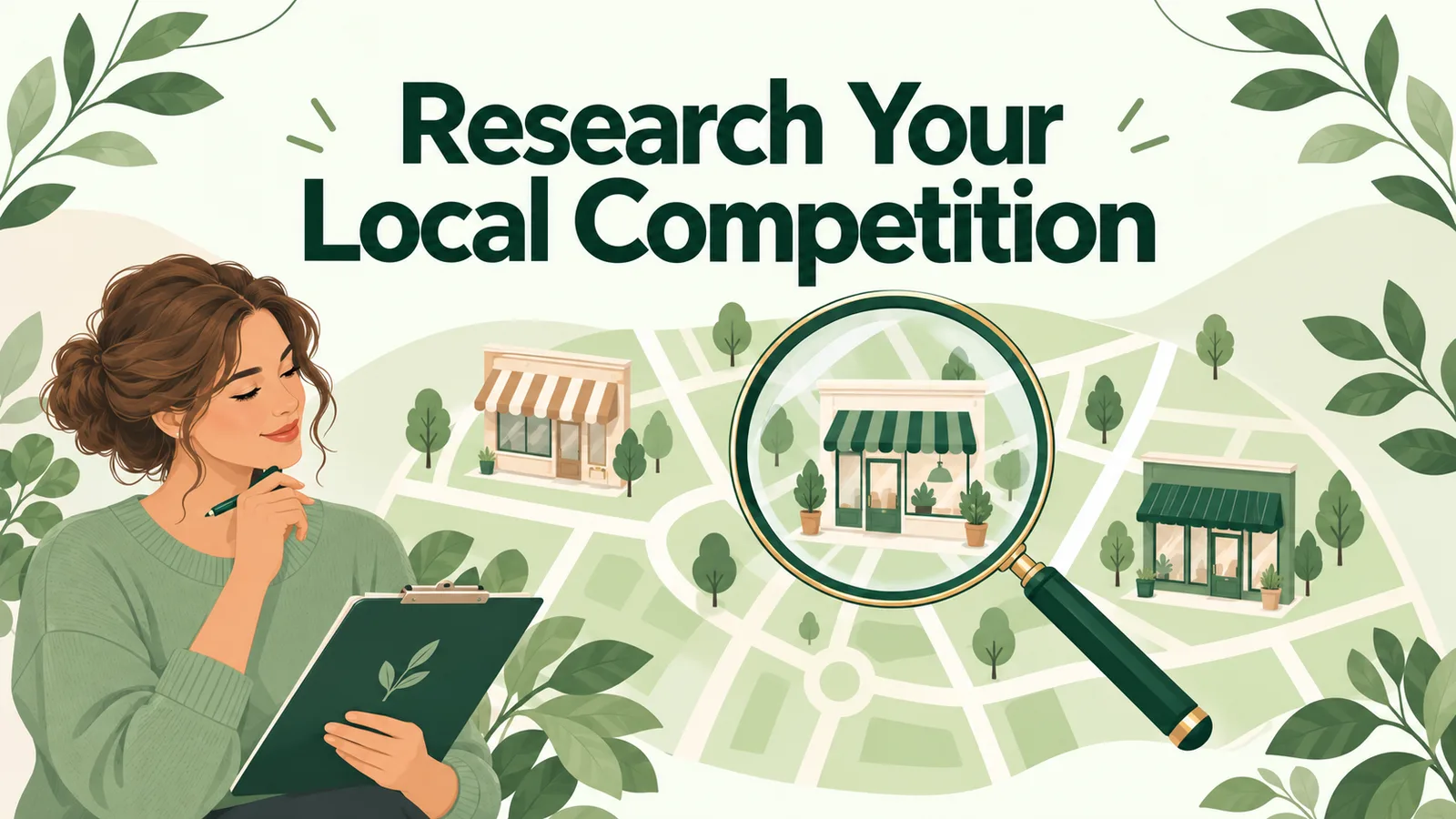 How to Research Local Competition Before Opening a Wellness Location Illustrated neighborhood map with storefronts, a magnifying glass and a research clipboard.