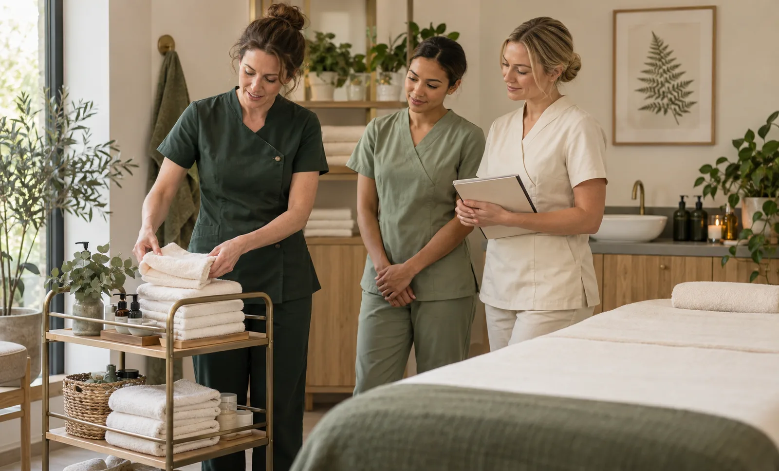 A trainer demonstrating treatment trolley preparation to two wellness staff members.
