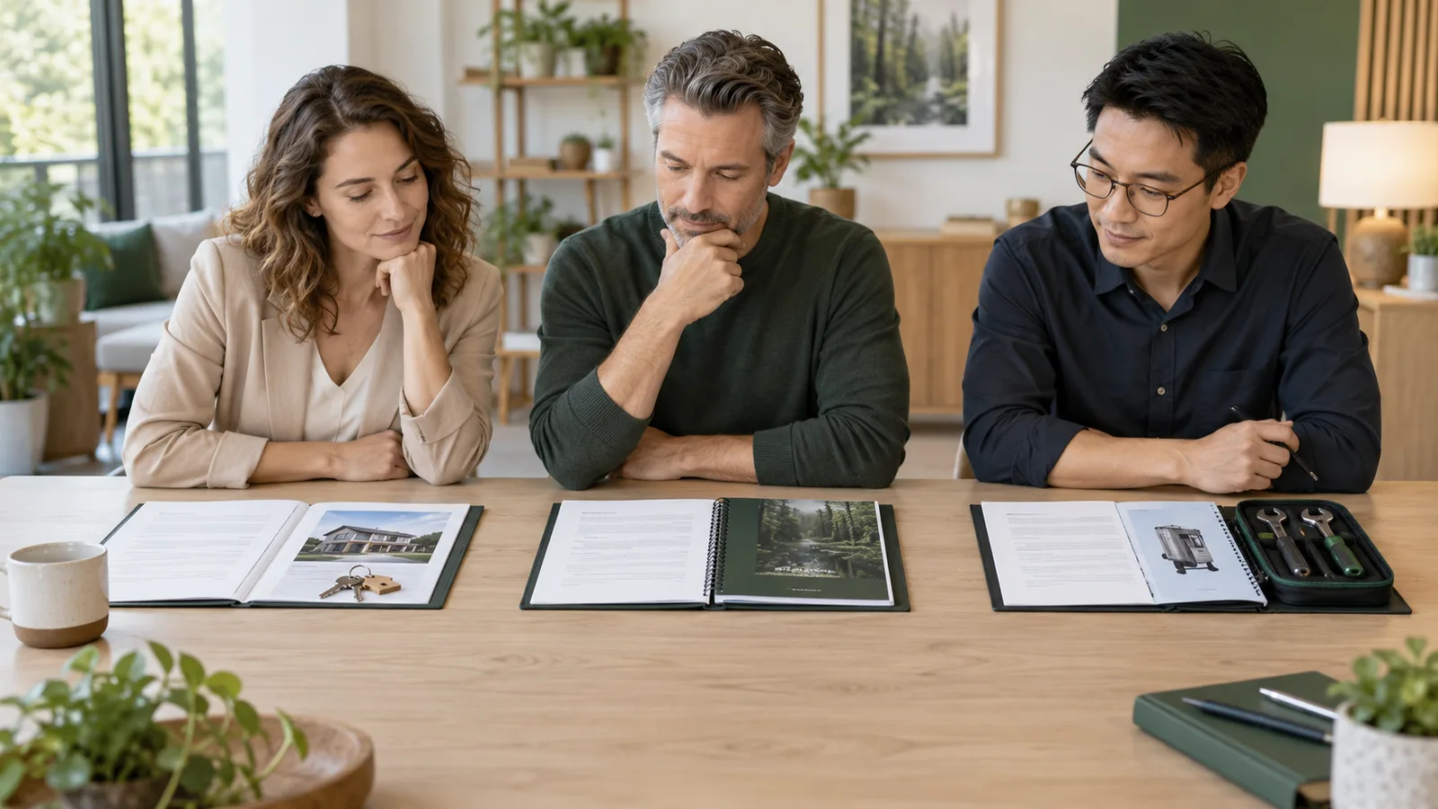 Wellness Licence vs Franchise: Compare the Models Three people comparing proposal folders with keys, a handbook and equipment documents.