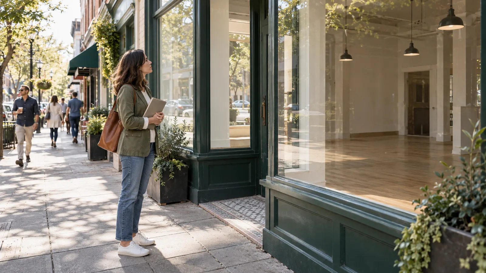 Wellness Business Opportunities: A Practical Guide for Prospective Operators A prospective owner studying a shopfront on a busy pedestrian street.