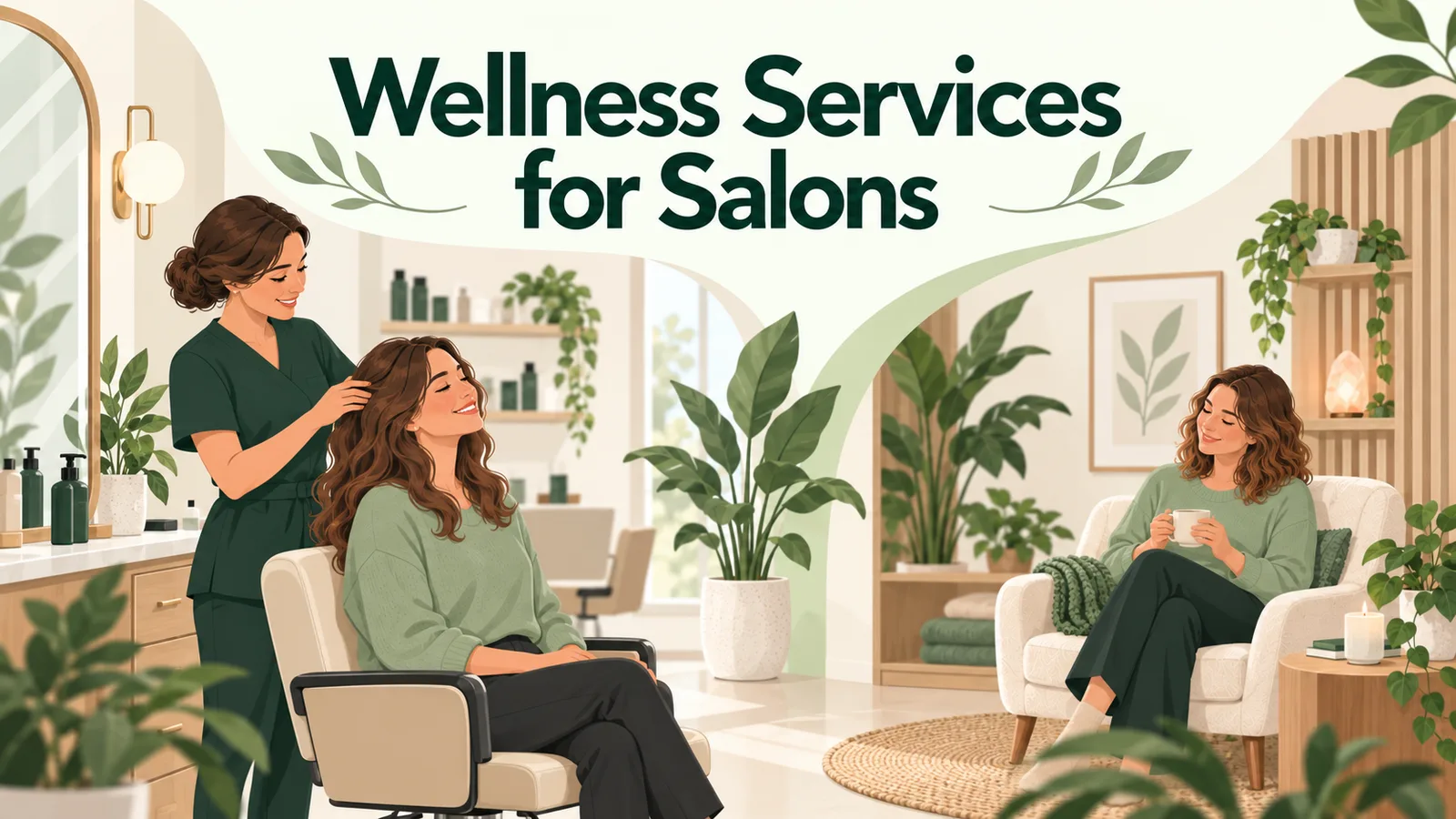 Which Wellness Services Could Complement a Beauty Salon? Illustrated salon with a separate quiet wellness space.