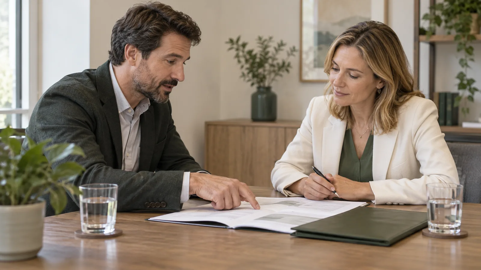 Wellness Licensing Partner: Questions to Ask Two business partners discussing an open proposal at a meeting table.