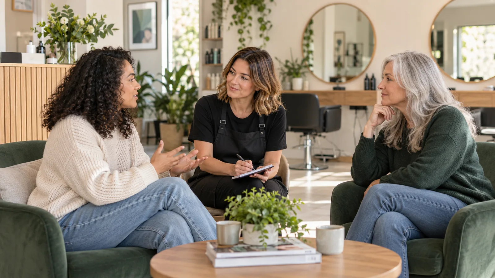 How to Choose a Wellness Service That Fits Your Salon's Existing Clients A salon owner listening to two clients seated near the reception desk.