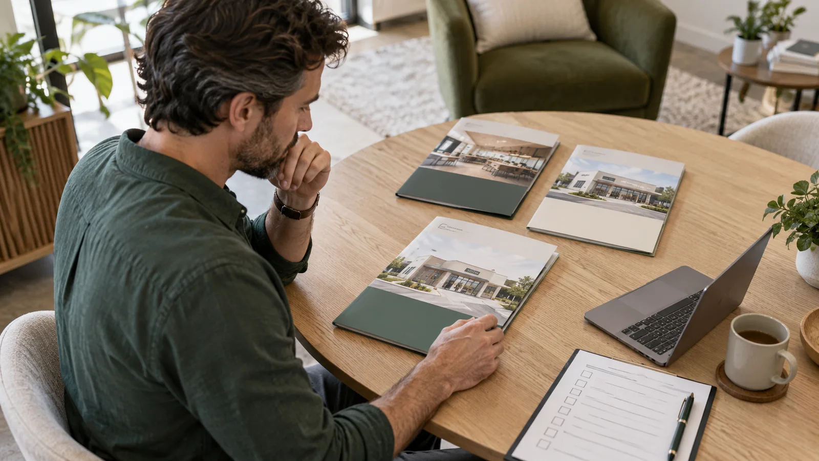 Wellness Franchise Opportunities: How to Build a Buyer's Shortlist A buyer sorting three proposal folders into a shortlist on a round table.