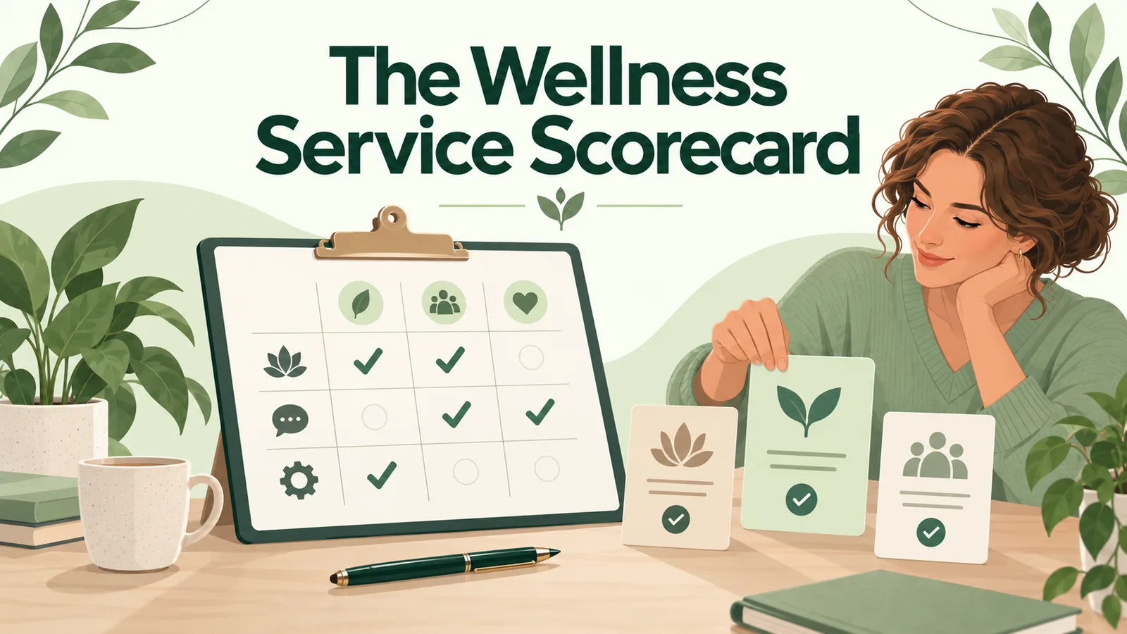 A New Wellness Service Scorecard for Salon Owners Illustrated scorecard clipboard beside service option cards and a pen.
