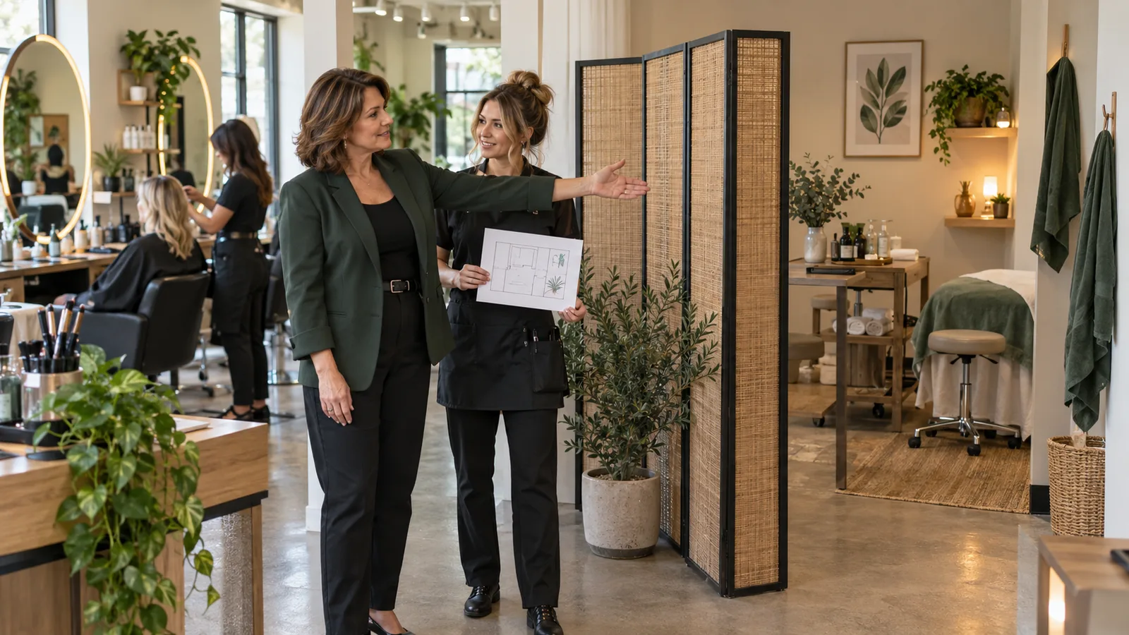 A salon owner planning a service area beside an existing hairdressing station.