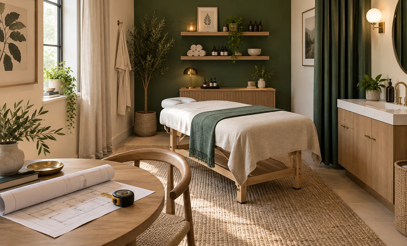 A green and cream treatment room with a treatment couch, storage, privacy curtain and floor plan.