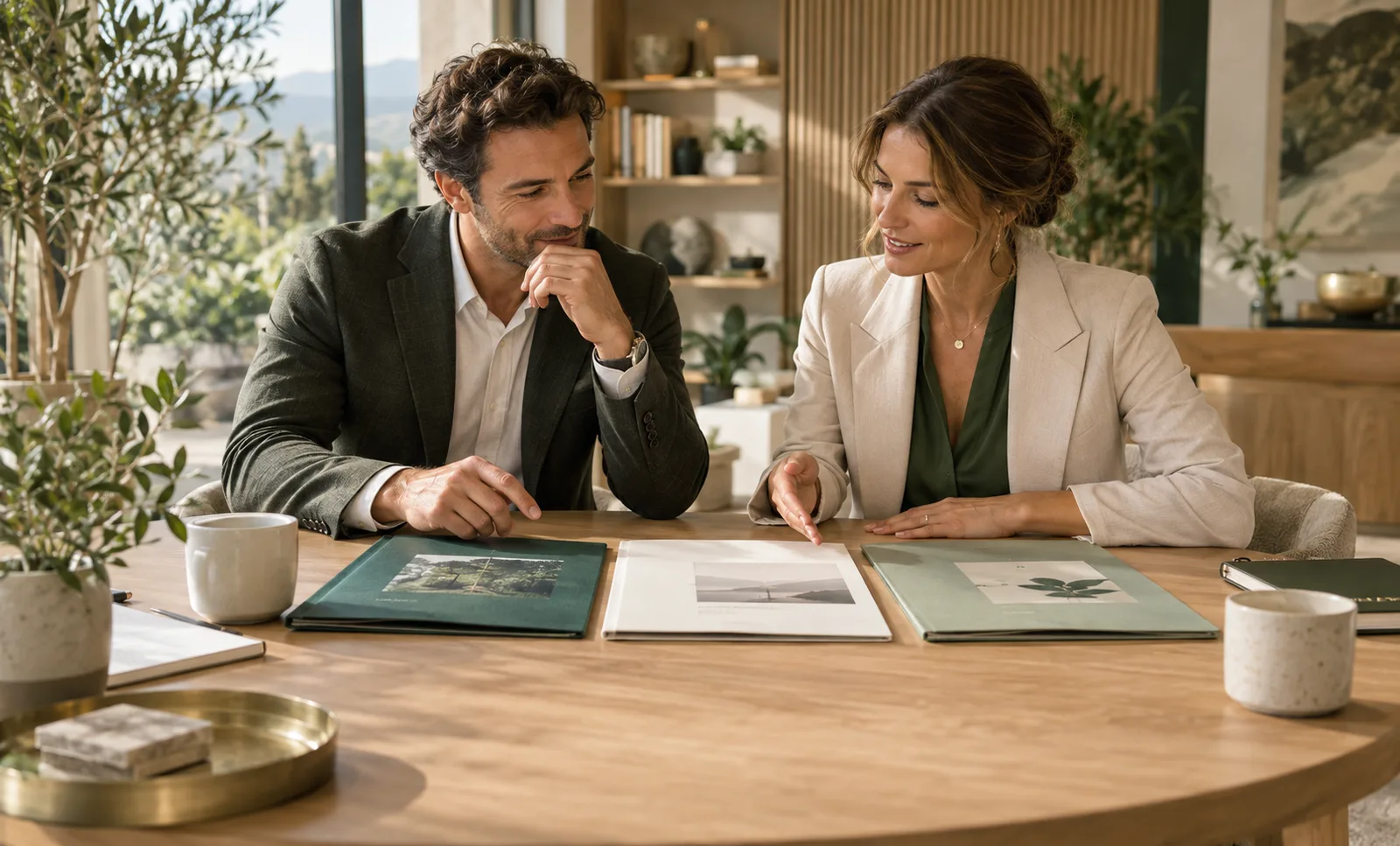 Two business professionals comparing three proposal folders at a table.