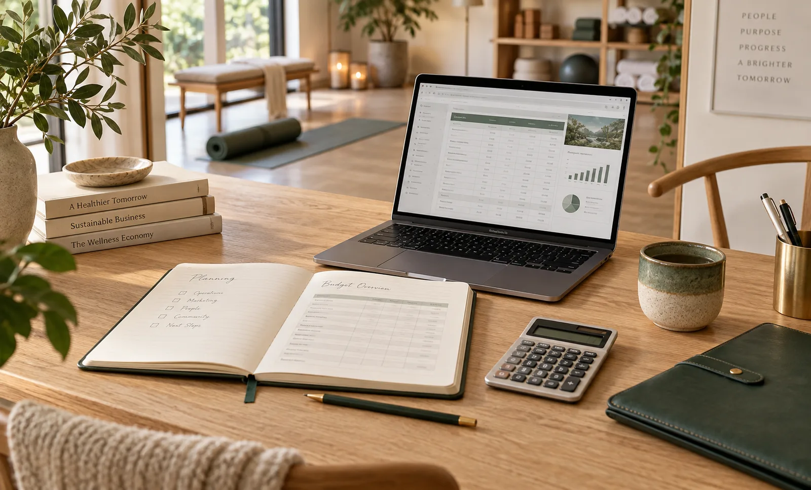A wellness business planning desk with a laptop, budgeting notebook, calculator and green folio.