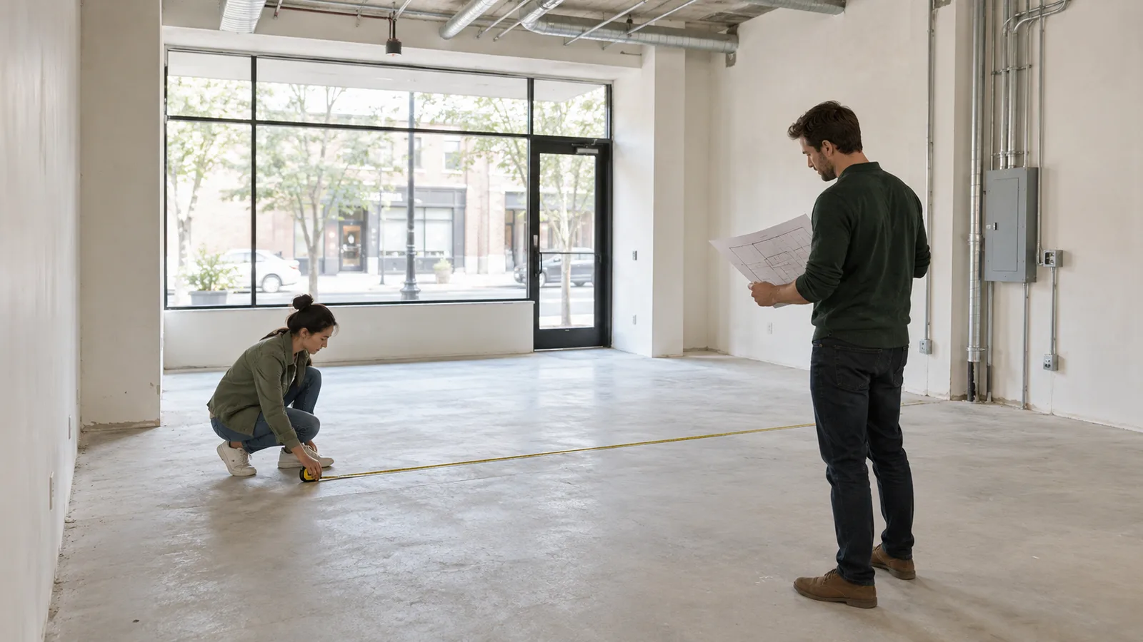 Two people measuring an empty storefront before fitting it out.