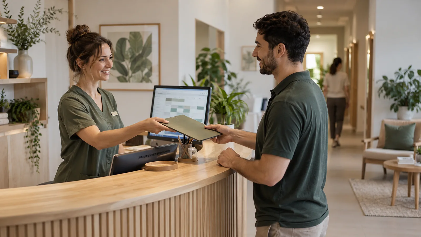 How a Wellness Business Works: From First Enquiry to Repeat Visits Two reception staff handing over a folder beside a booking screen.