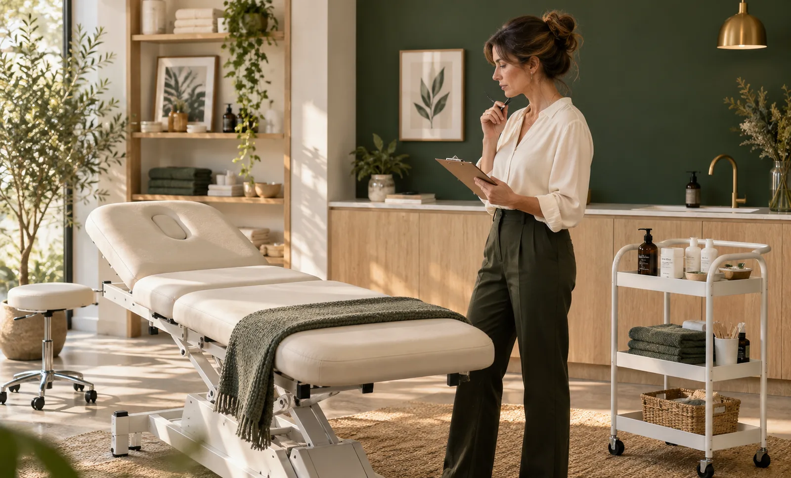 A wellness business owner using a checklist to assess a treatment couch and supply trolley.