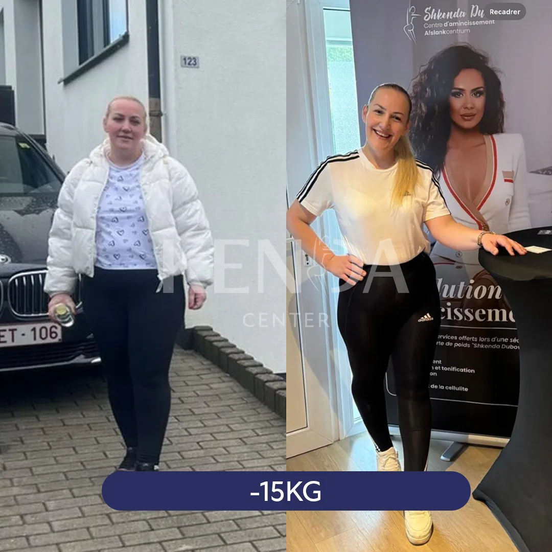 Two side-by-side photos: a person in a light jacket outdoors beside a car, and in a white top indoors beside a display.