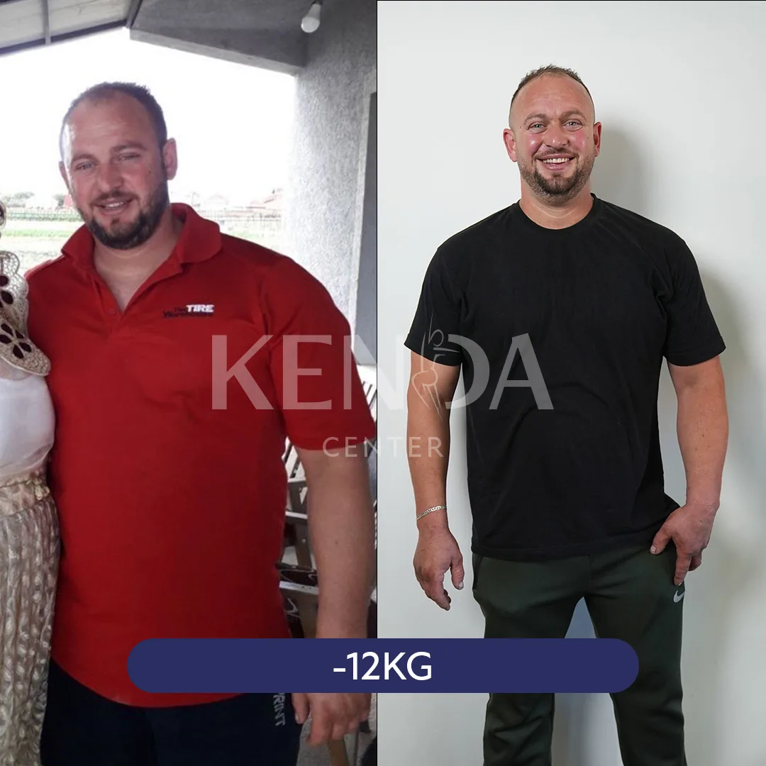 Two side-by-side photos: a person in a red polo shirt outdoors, and in a black T-shirt standing indoors.