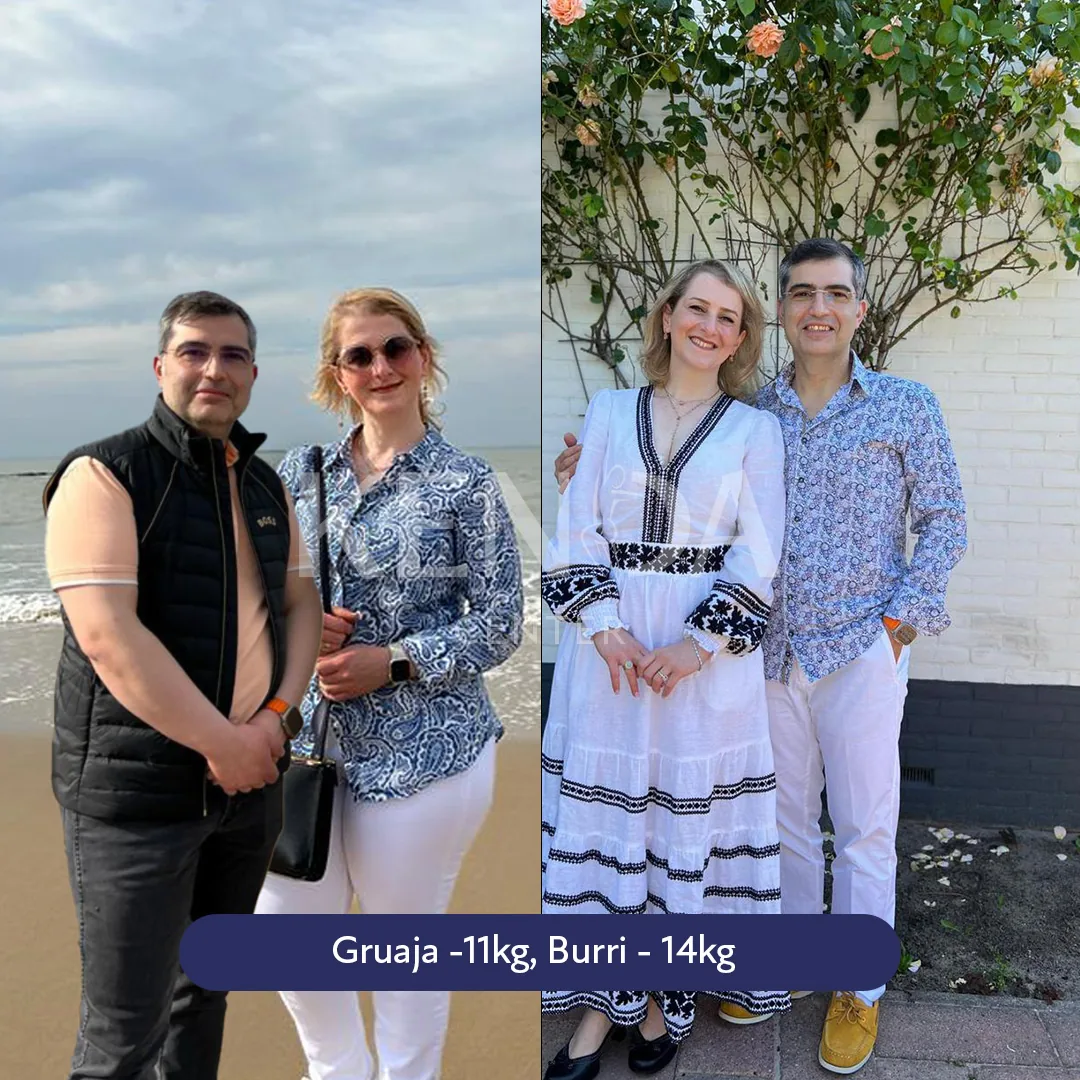 Two outdoor photos of two people together: beside the sea, and in front of a flowering wall.