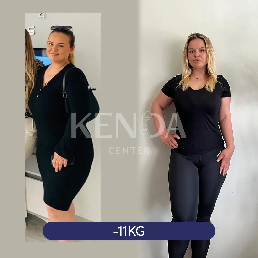 Two side-by-side photos: a person in a black dress with a shoulder bag, and in a black T-shirt and leggings.