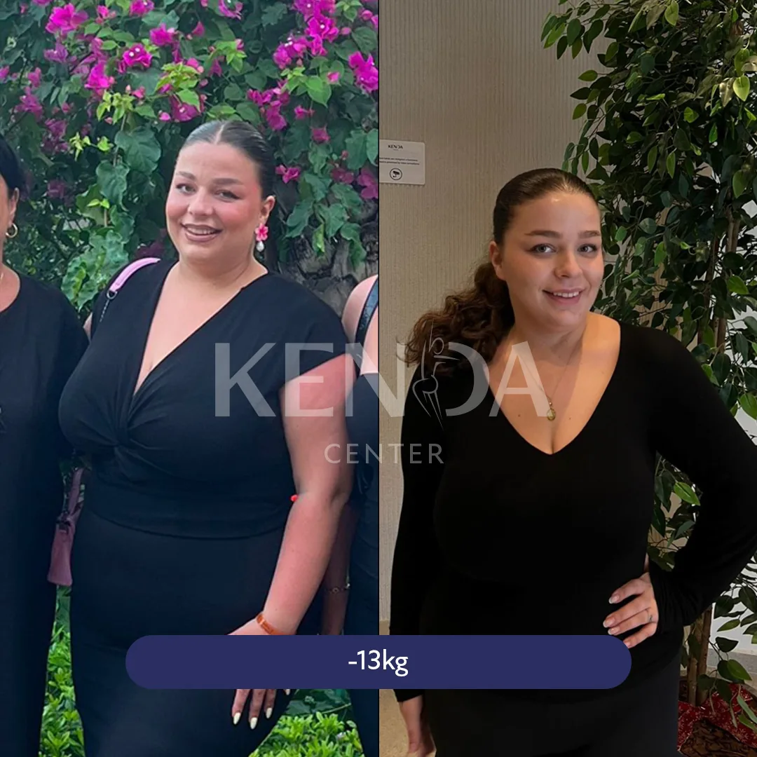 Two side-by-side photos: a person in a black top outdoors among flowers, and in a black top beside greenery.