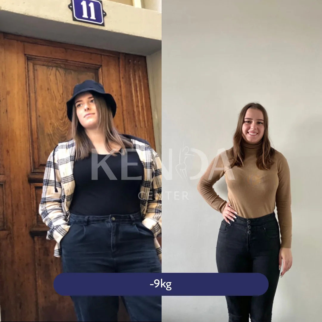 Two side-by-side photos: a person wearing a checked jacket and hat outdoors, and a brown top indoors.