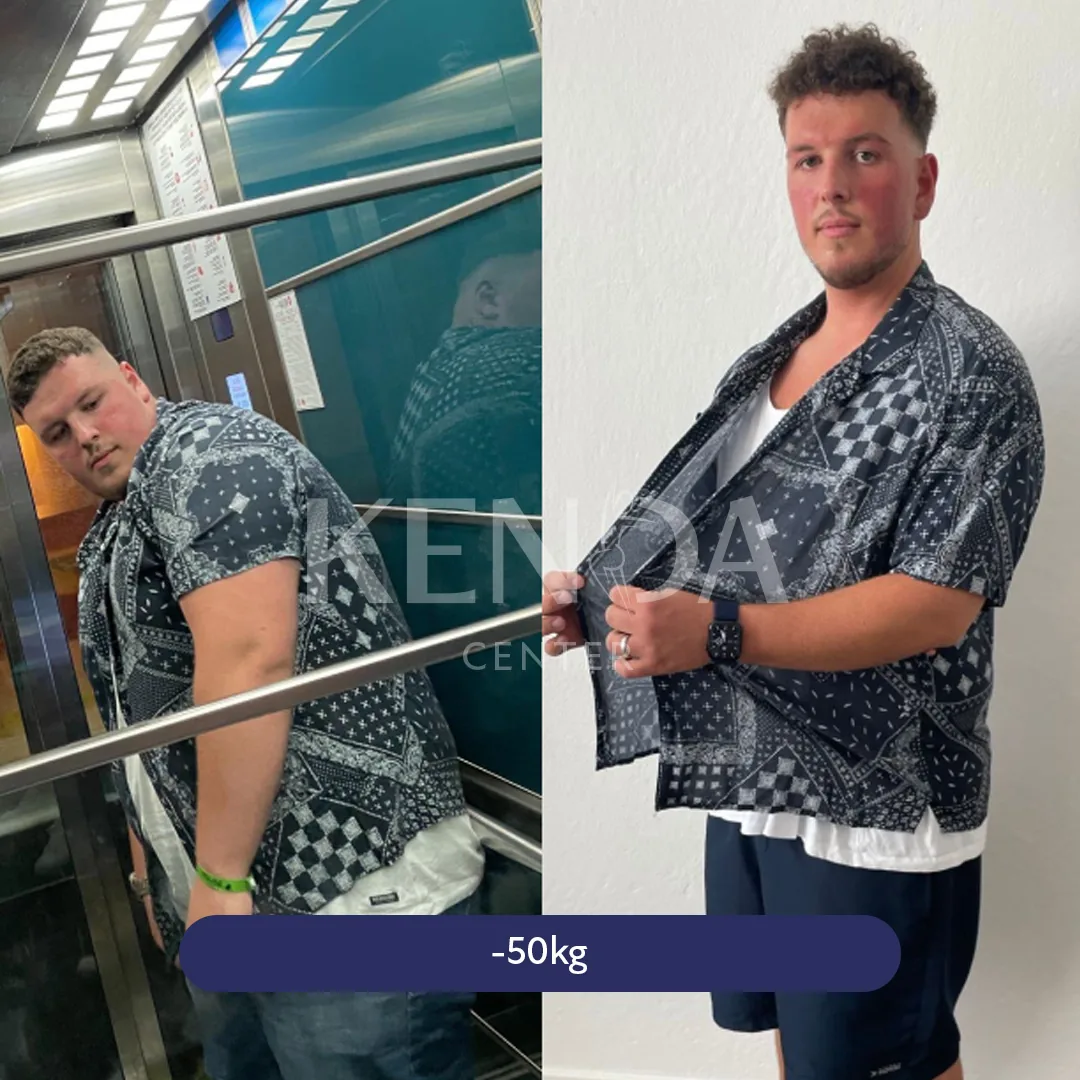 Two side-by-side photos: a person in a patterned shirt beside an elevator, and in the same shirt over a white top.