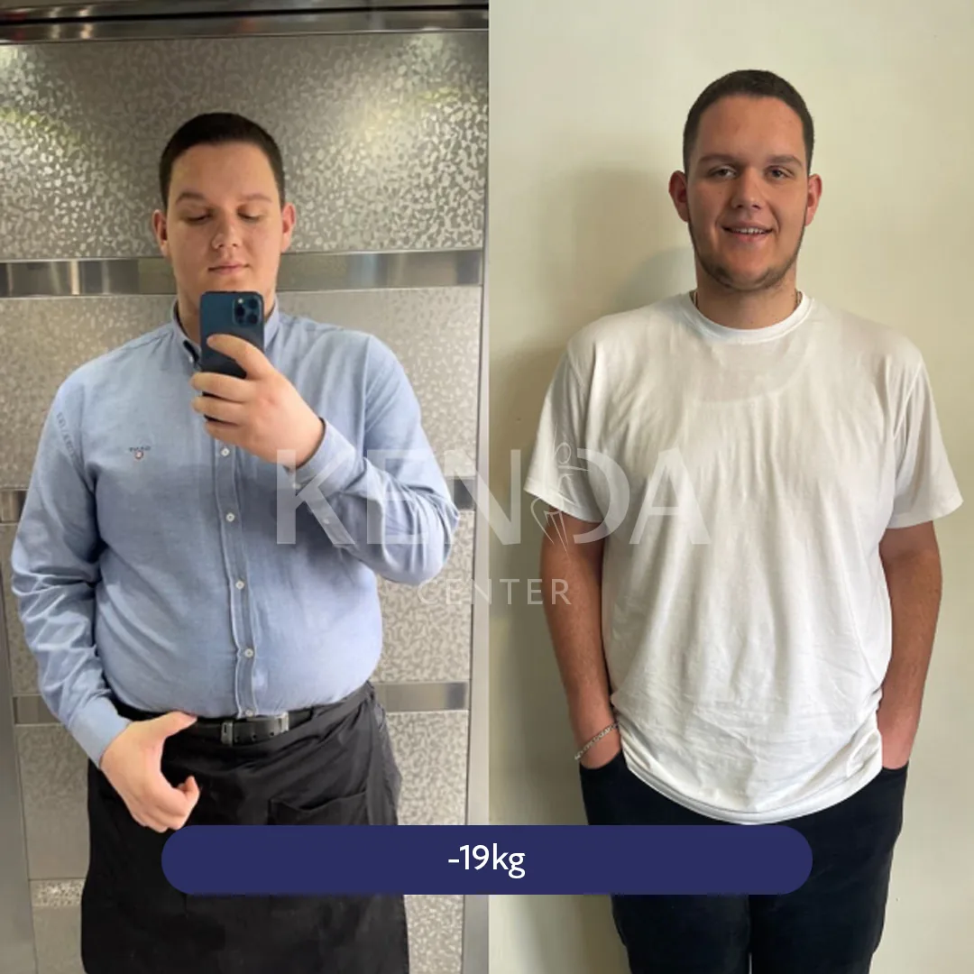 Two side-by-side photos: a person taking a mirror photo in a blue shirt, and standing indoors in a white T-shirt.