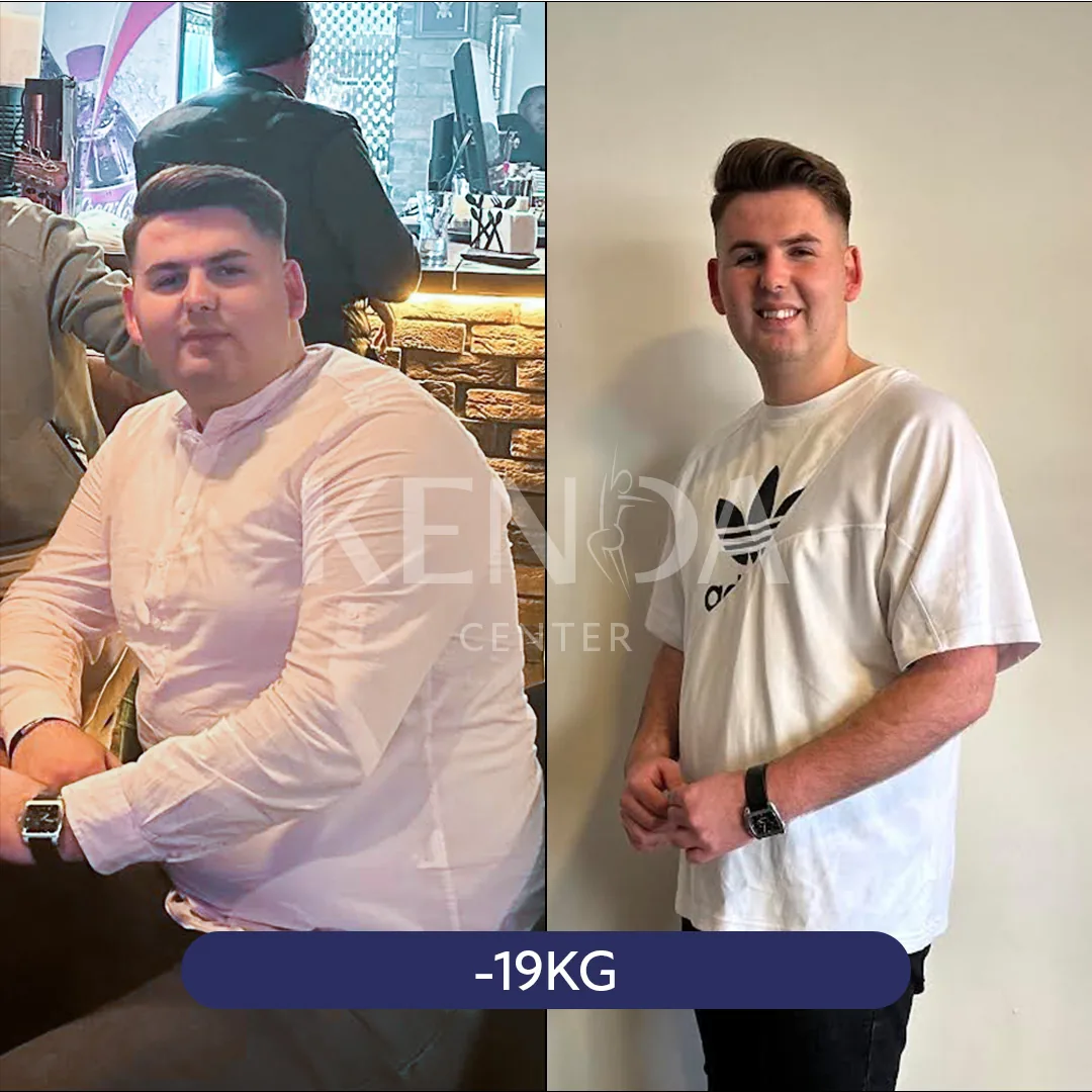 Two side-by-side photos: a person in a light shirt seated indoors, and in a white T-shirt standing indoors.