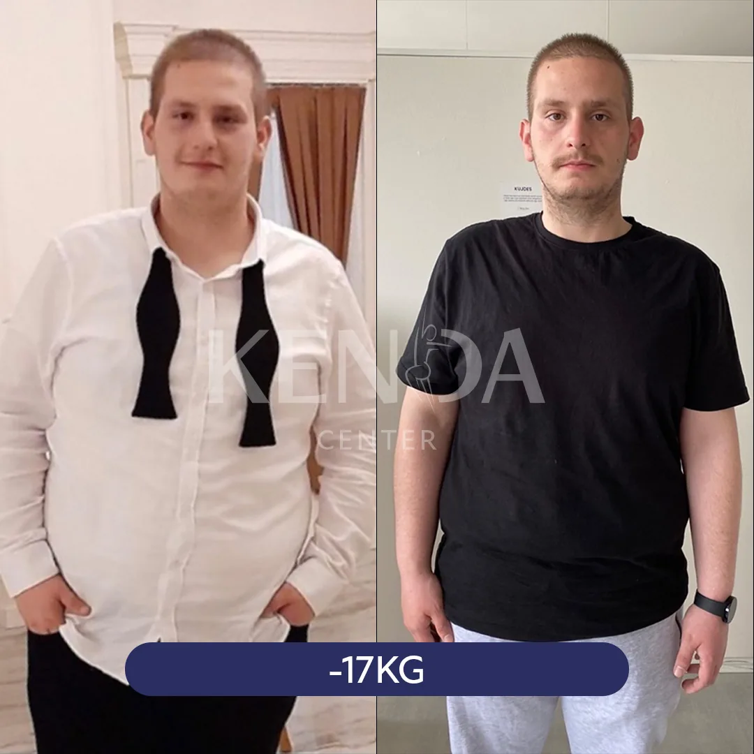 Two side-by-side photos: a person in a white shirt with a dark tie, and in a black T-shirt and grey trousers.